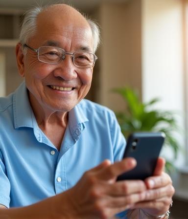 Smiling Singapore senior using AI voice assistant on smartphone