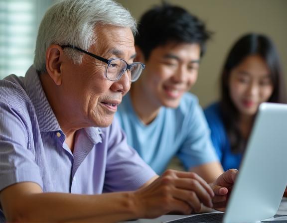 Senior grandparent in personalized AI workshop at Clementi