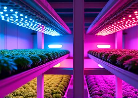Tiers of hydroponic systems under bright purple and white LED lights.