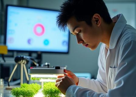 A scientist in a lab coat examining plant samples under specialized lighting.