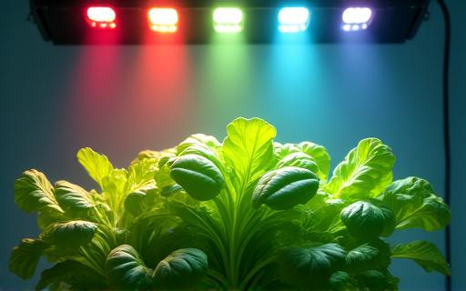 Diagram showing different wavelengths of light affecting plant growth.