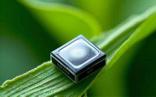 Close-up of an optical sensor clipped onto a vibrant green leaf.